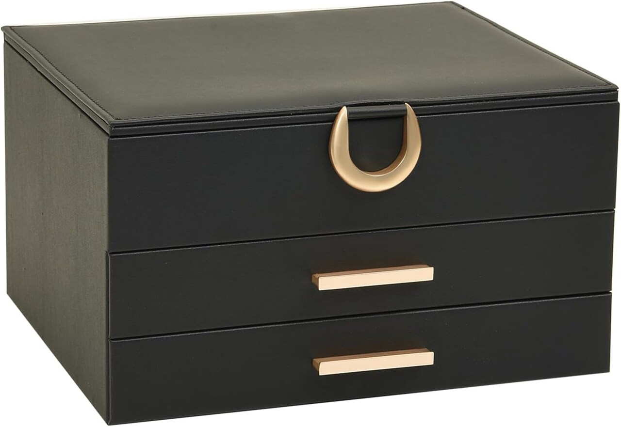 Jewelry Organizer Box with Mirror - 3 Layer 2 Drawers Storage for Earrings Rings Necklaces Bracelets Women’s Jewelry Box Black